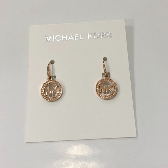 MICHAEL KORS Rose Gold Tone Logo Drop Dangle Pave Crystal Earrings - Picture 3 of 7